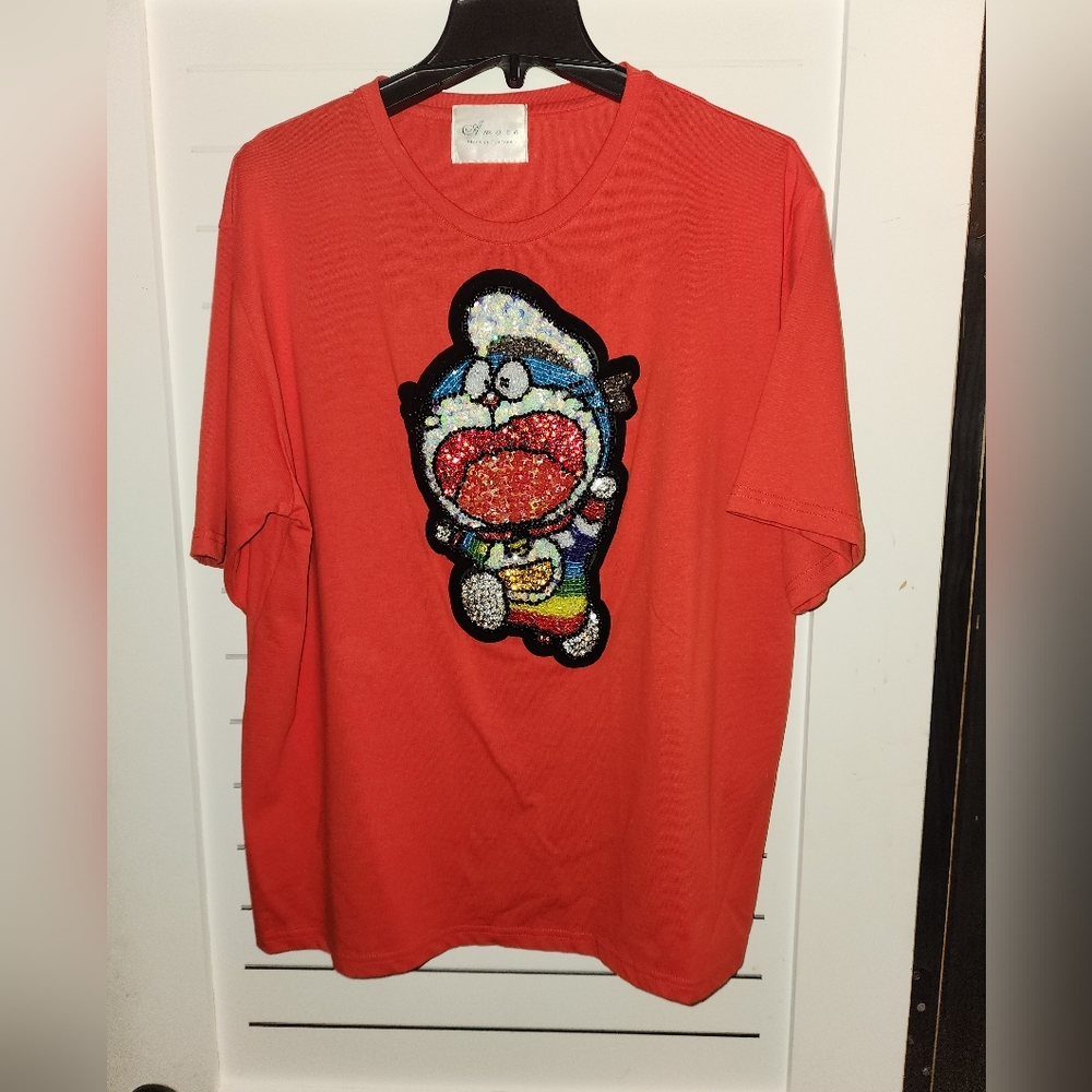 Amore Red Tshirt❤️W/Heavy Doraemon Sequin Graphi Thai Lux OS  L-XXL NWOT